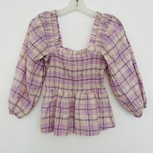 Ganni Peplum Top 34 Purple Flowy Cotton Plaid Smocked Seersucker Pastel Boho
